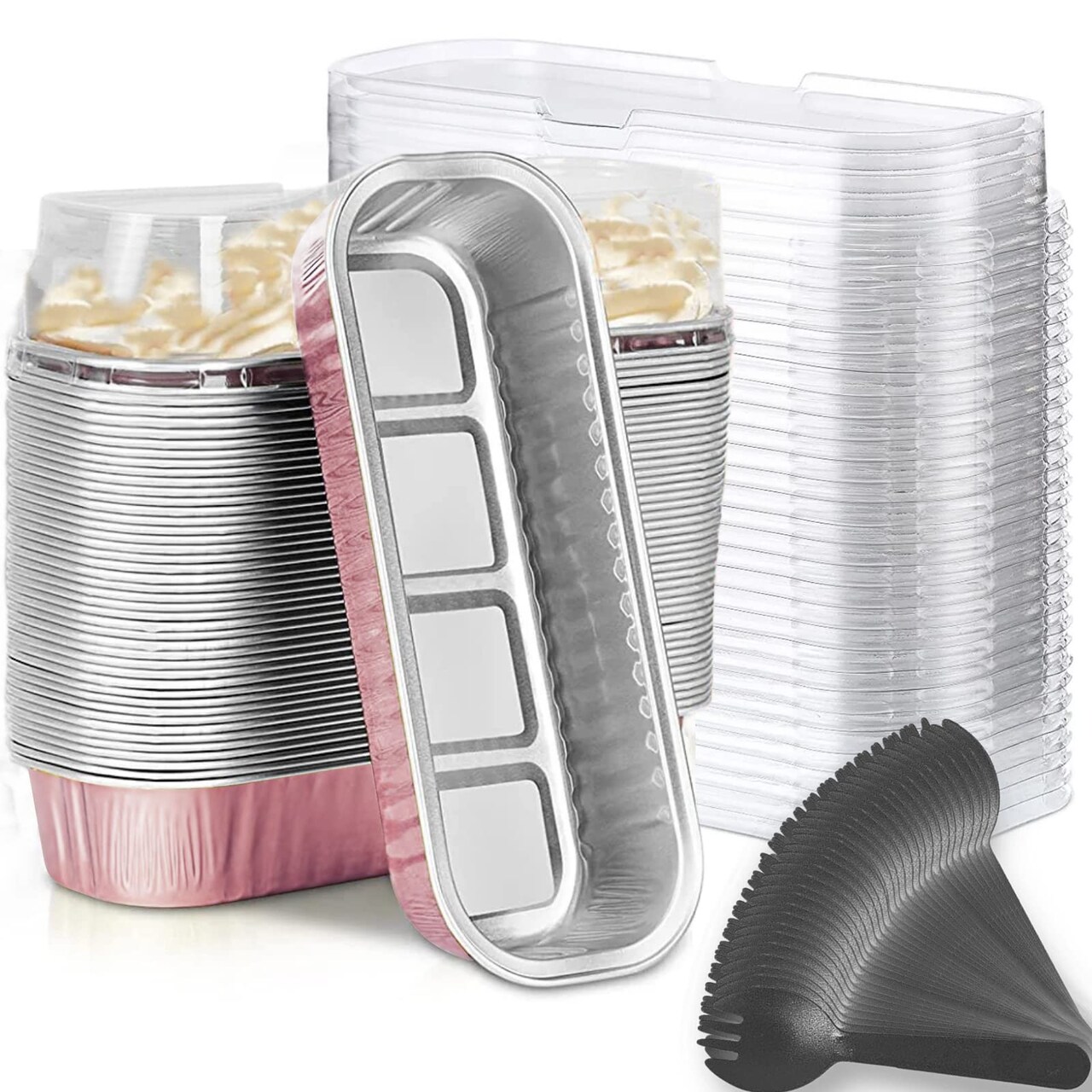 Findful Mini Loaf Baking Pans with Lids and Spoons (50 Pack, 6.8oz) Rectangle Aluminum Foil Baking Pans Tins Containers - Cupcake Containers Wrappers Cheesecake Creme Brulee Ramekins